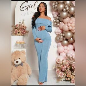 Maternity off the shoulder flare leg jumpsuit